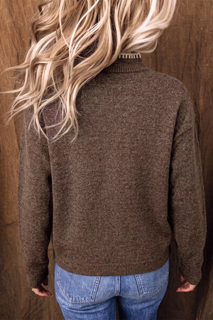 Coffee Brown mock neck sweater featuring ribbed mock neck and floral