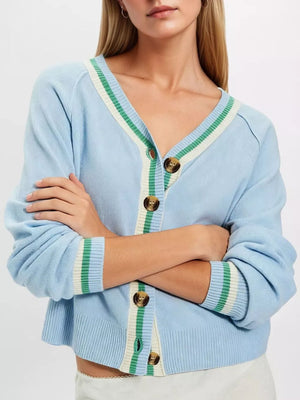 Blue cardigan with waist-length and button-front