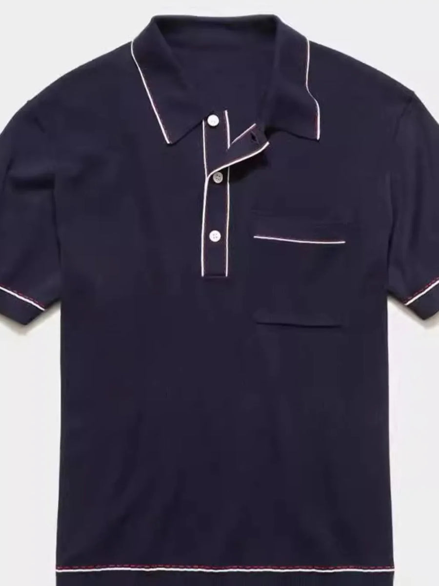 Navy ribbed knit polo shirt with contrast trim and chest pocket