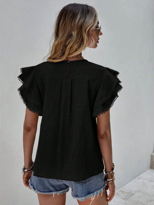 Khaki Pom-Pom Trimmed Ruffle Sleeve Top
