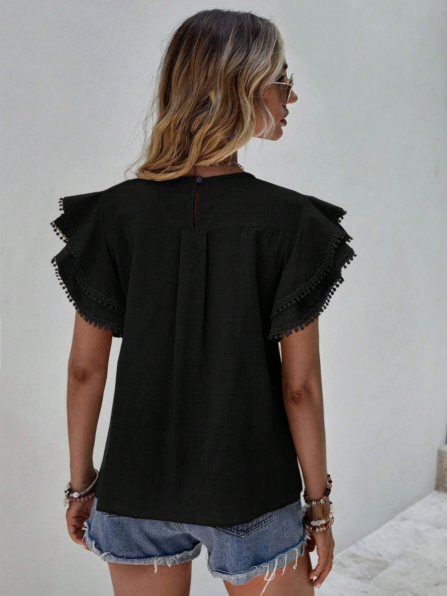 Khaki Pom-Pom Trimmed Ruffle Sleeve Top