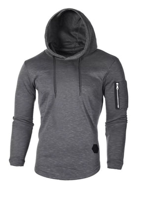 Gray slim fit long-sleeve hoodie with drawstring and zippered arm pocket.
