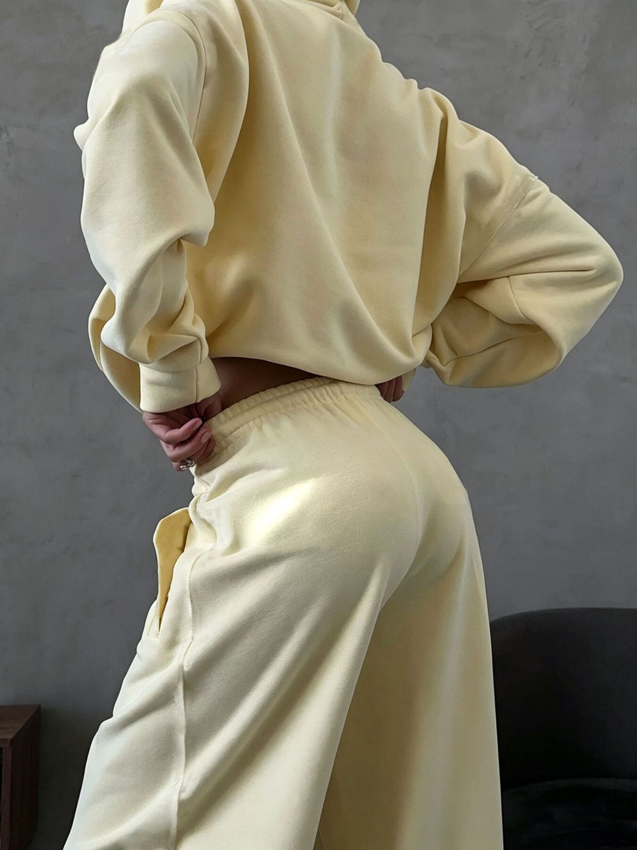 Casual Zip-Up Hoodie And Wide-Leg Sweatpants Set in Light Gray with pocketed