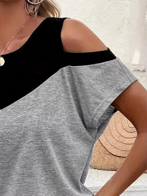Dark Gray Cold Shoulder Color Block T-shirt