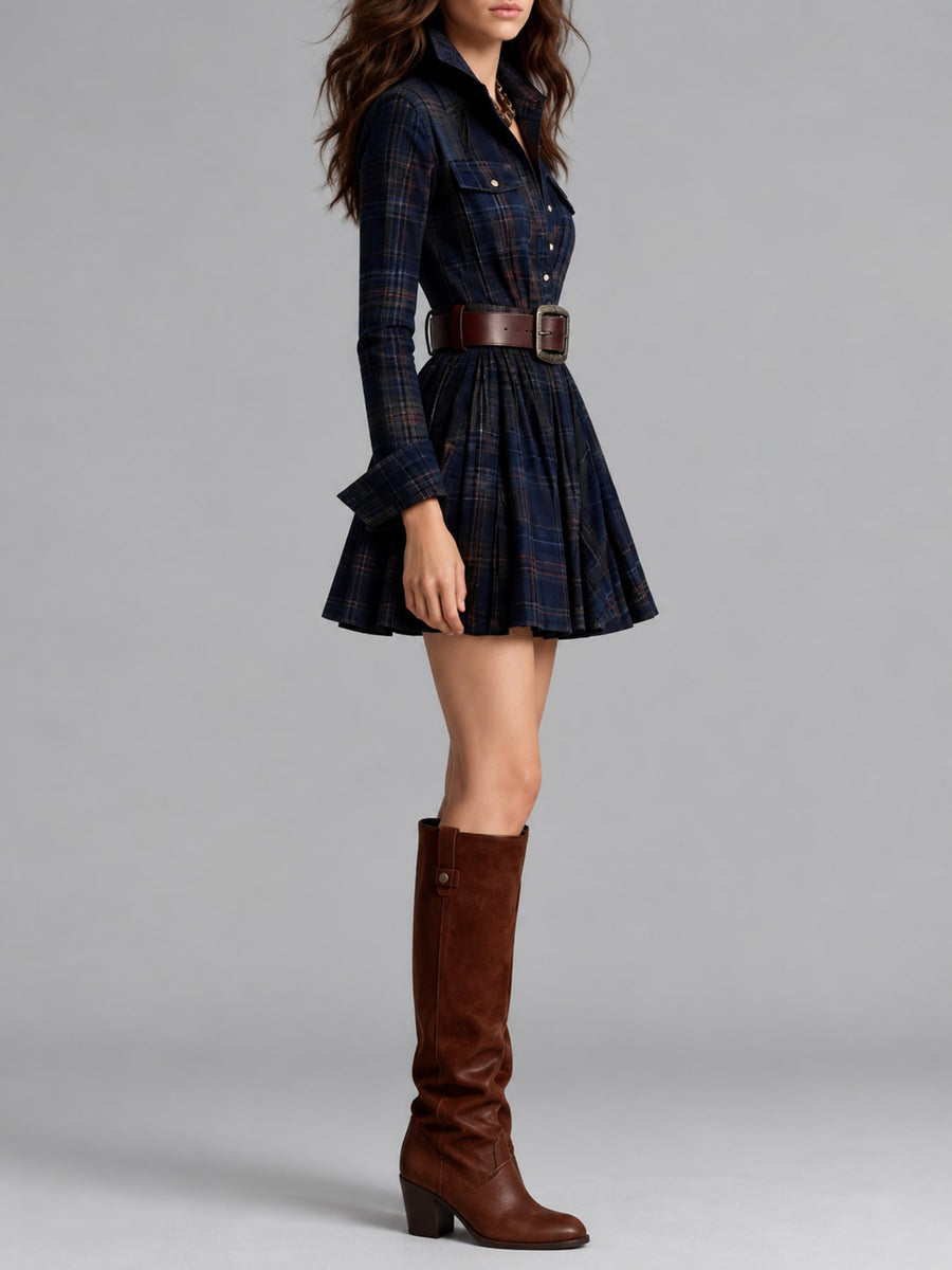 Dark Blue (with Belt) shirt dress with belted and long sleeve