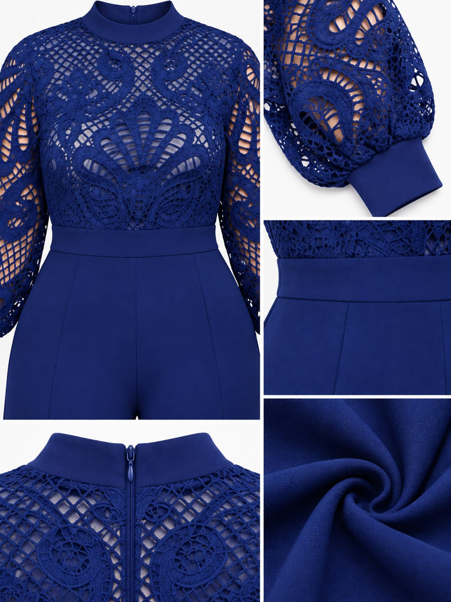 jumpsuit in royal blue with lace and openwork