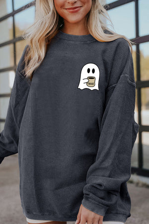 Charcoal corded sweatshirt with a cute ghost holding a coffee cup graphic.