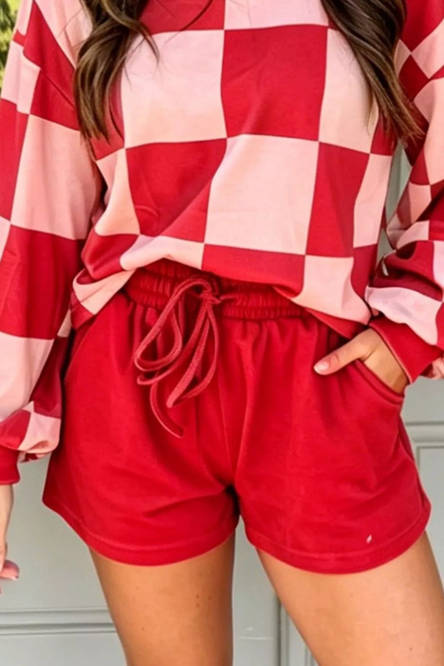 95% polyester, 5% elastane Care instructions: Machine wash cold pajama set in Deep Red with relaxed silhouette
