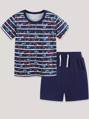 Navy cotton baby outfit with vehicle print t-shirt and shorts