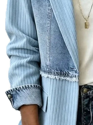 denim blue blazer featuring buttoned and patchwork