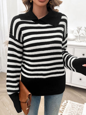 Black and white stripe knit pullover sweater with a wide collar and long sleeves.