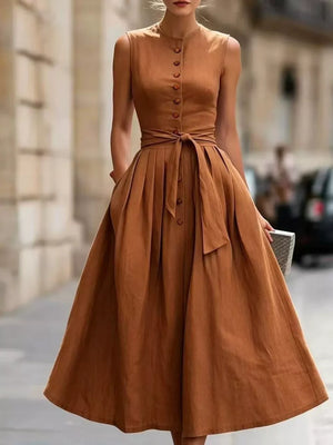 Caramel Color Sleeveless Button-front Belted Midi Dress Plus Size