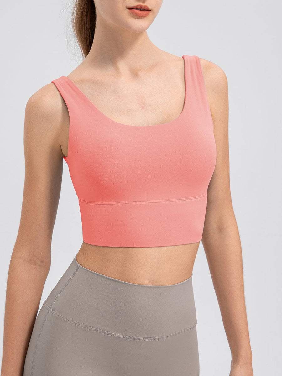 Coral performance crop top with scoop neck and wide band