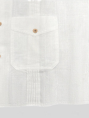 Men's white cotton blend button-up shirt with chest pocket and pintuck detail.