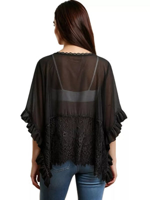 Black sheer flowing cover-up with lace trim and ruffled sleeves.