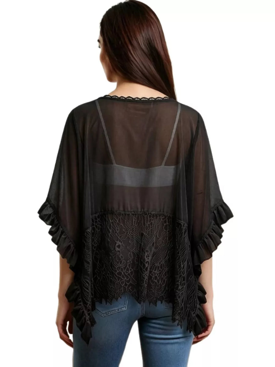 Black sheer flowing cover-up with lace trim and ruffled sleeves.