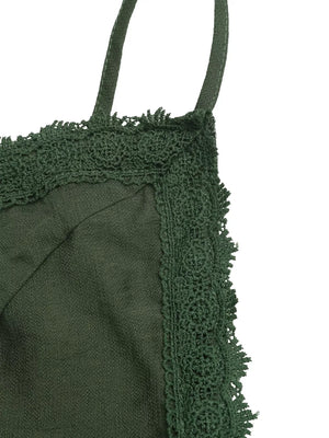 Green cotton blend maxi gown with lace trim and spaghetti straps.
