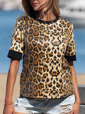 tan t-shirt with leopard and crew neck
