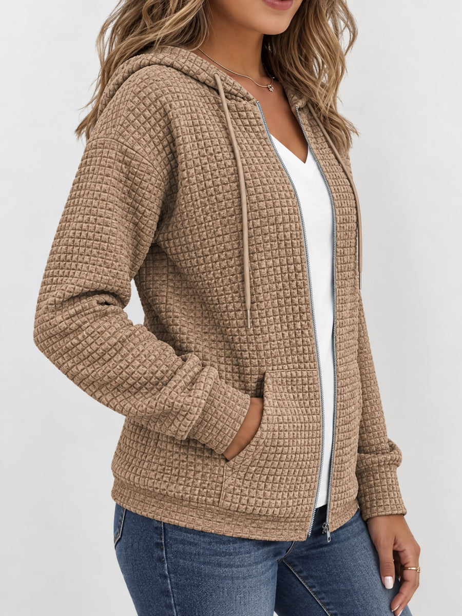 Khaki zip hoodie with hip-length and zip-front