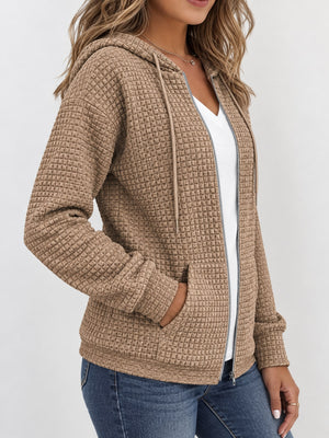 Khaki zip hoodie with hip-length and zip-front