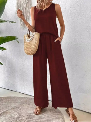 Burgundy polyester two-piece set with round neck tank and wide-leg pants, featuring lace detail.