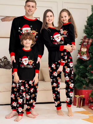 black pajama set with graphic print and crew neck