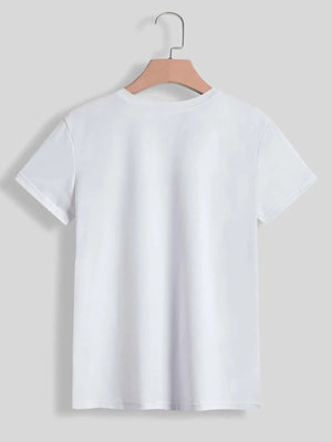 White crew neck t-shirt with short sleeves, plain back.