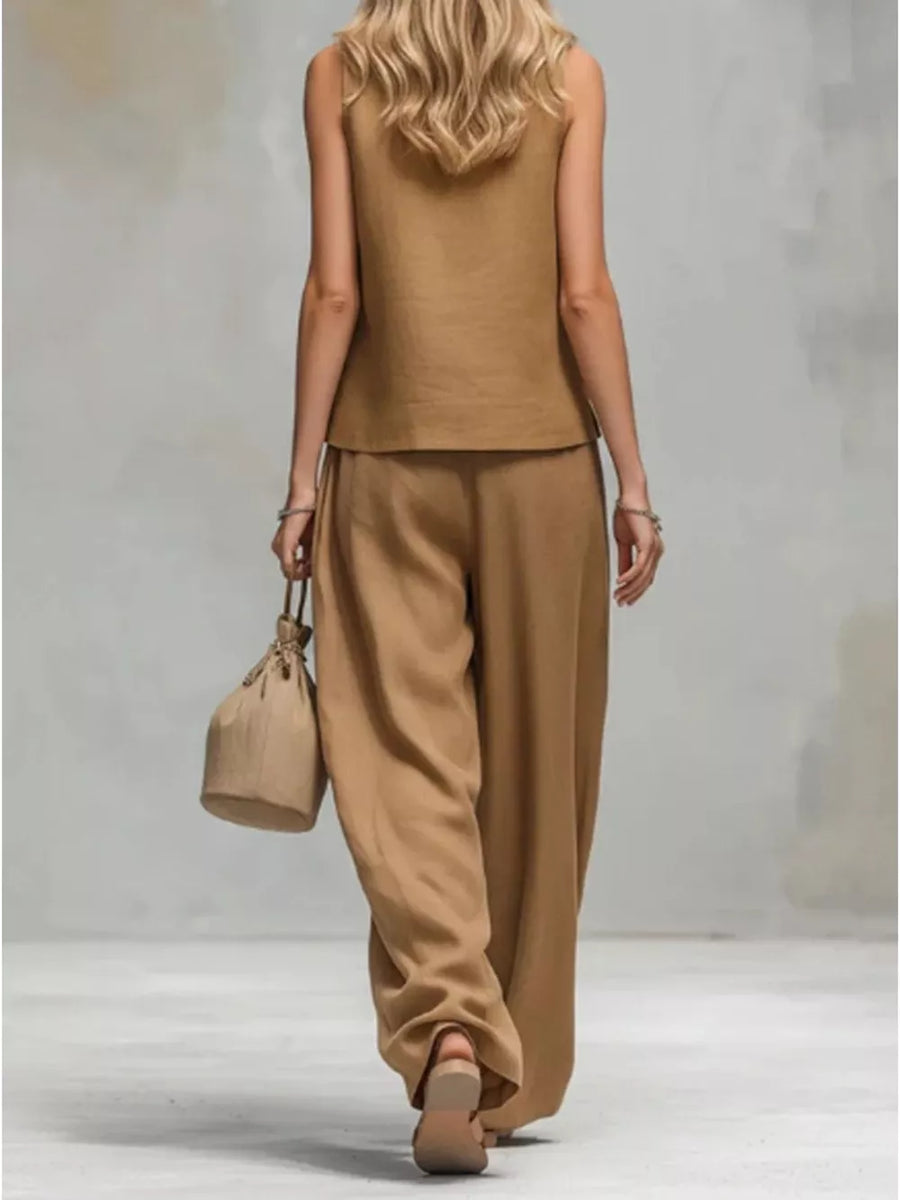 100% polyester Care instructions: Machine wash cold two-piece set in Brown with relaxed silhouette