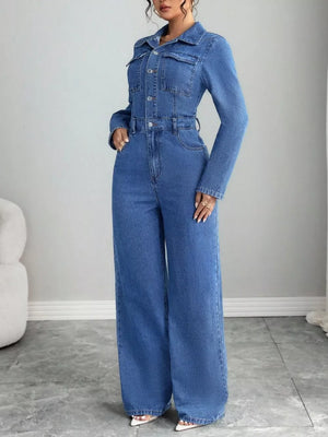 Button Front Long Sleeve Denim Jumpsuit in this colorway