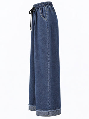 High-Waisted Wide-Leg Drawstring Jeans in light blue with washed