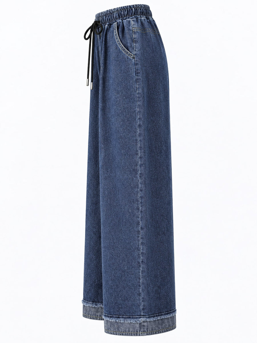 High-Waisted Wide-Leg Drawstring Jeans in light blue with washed