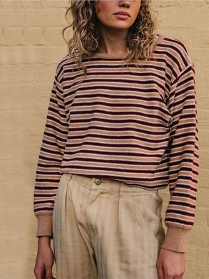burgundy pullover sweater featuring ribbed and striped