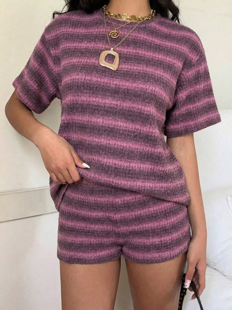 Striped Textured Knit Top And Shorts Set in Gray with ribbed
