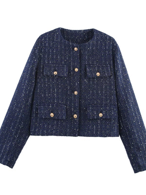 Dark blue cropped tweed button-up jacket with gold buttons and chest pockets.