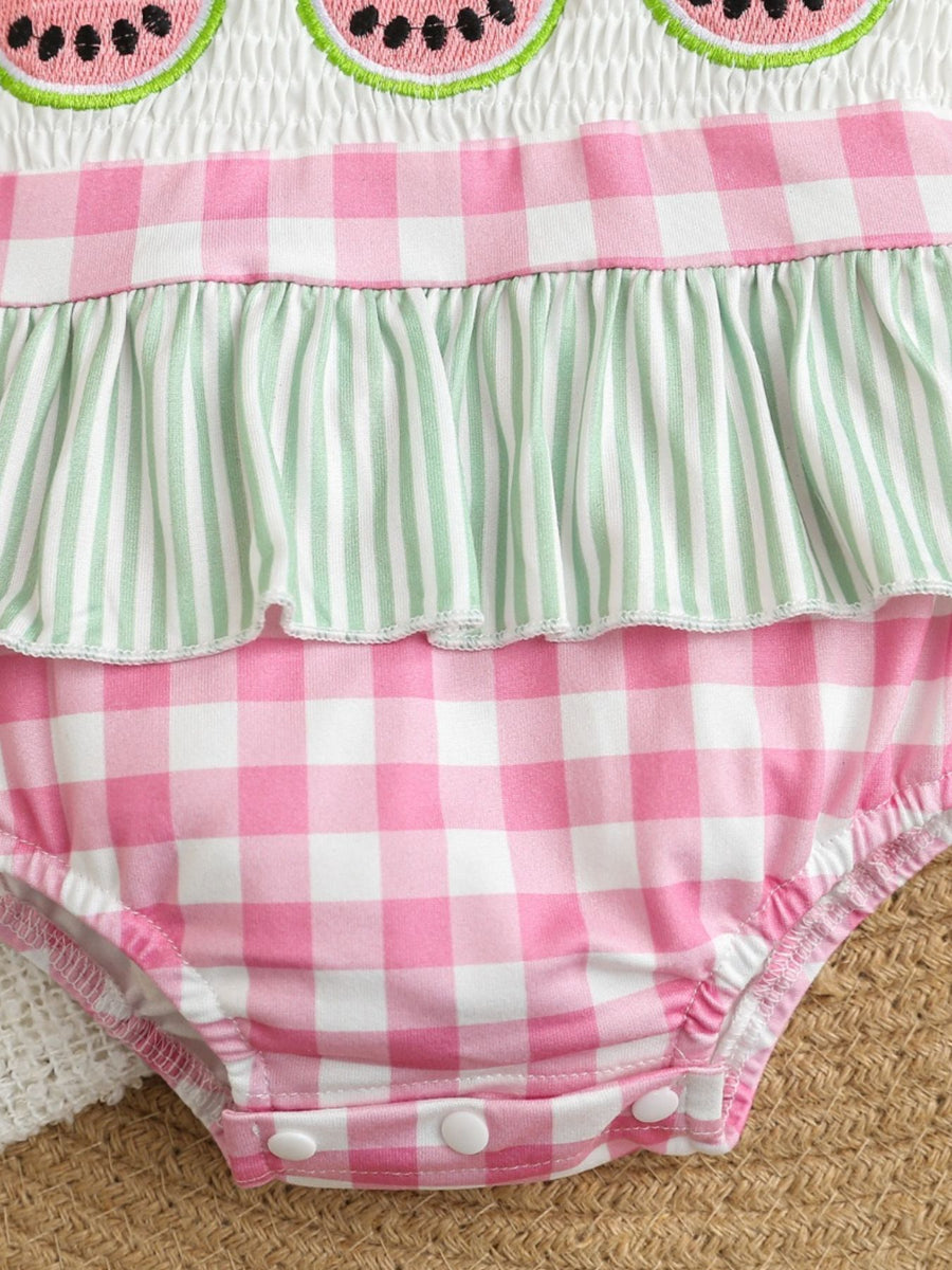 Baby one-piece swimsuit with watermelon embroidery, pink gingham, and green stripe ruffles.