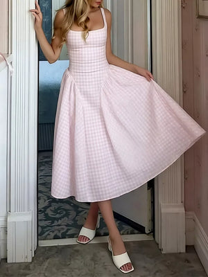 Plaid square neck midi dress in Blush Pink with a-line skirt and ruched detail.