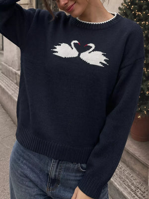 navy blue pullover sweater with hip-length and pullover