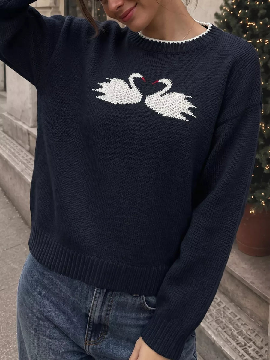 navy blue pullover sweater with hip-length and pullover