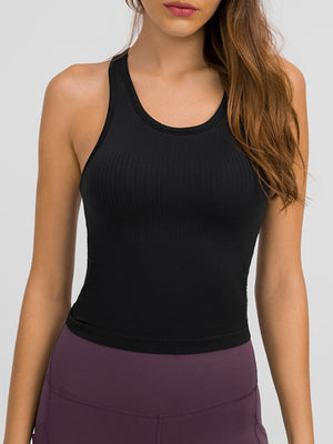 Black ribbed racerback tank top with a rounded neckline.