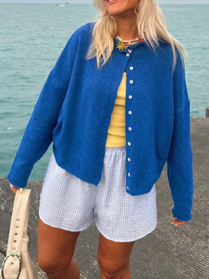 Relaxed Button-Down Dropped Shoulder Cardigan in Pink