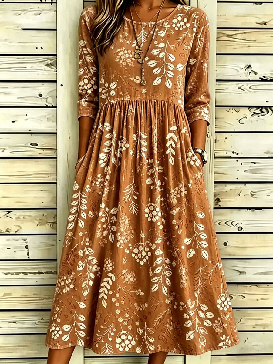 midi dress in Pink Purple with floral and pocketed