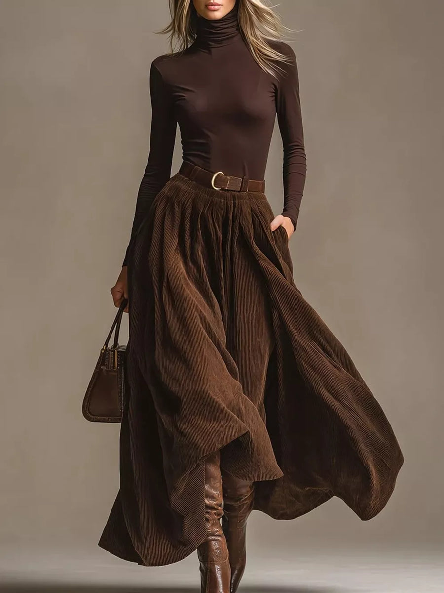 chocolate brown two-piece set with ribbed and turtleneck