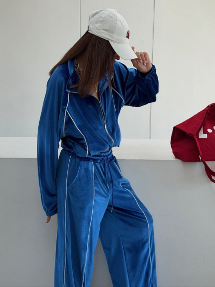 Zip Up Long Sleeve Top And Pants Set in Blue with contrast stitching