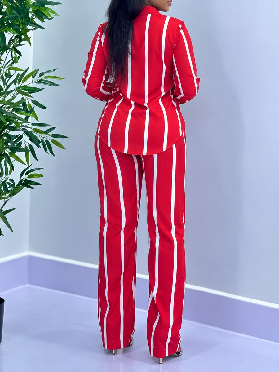 Red two-piece set with pocketed and long sleeve