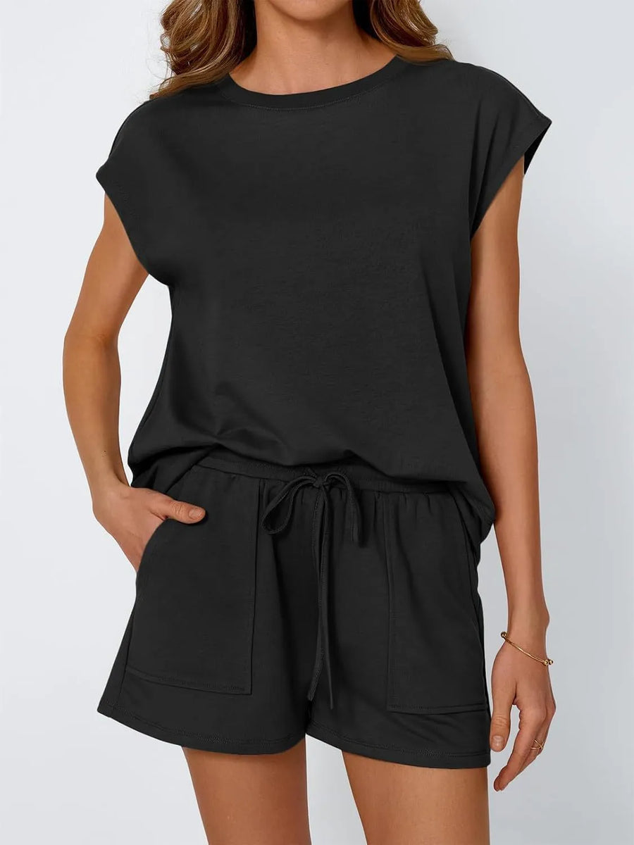 Black relaxed fit drawstring short set with cap sleeves and patch pockets.