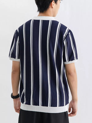 Dark Navy striped cotton quarter-zip polo shirt with white collar and hem