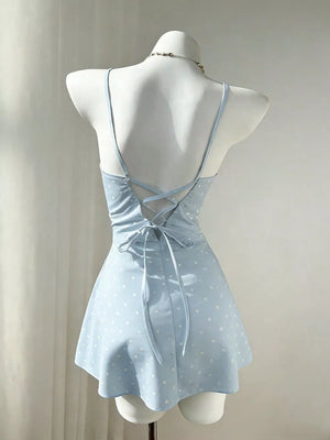 mini dress in white with polka dot and lace-up