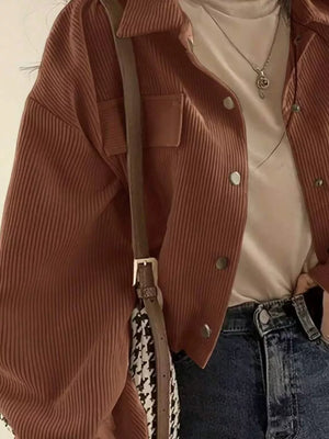 Corduroy Snap Down Cropped Jacket in black with collared