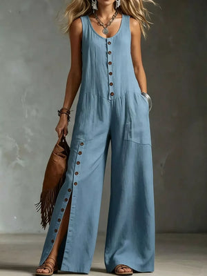 jumpsuit in sky blue featuring pocketed and relaxed fit