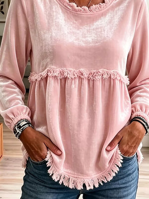 Velvet Fringe Long Sleeve Blouse in Black